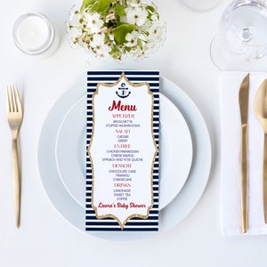 Editable Baby Shower Menu | Nautical Navy Blue Boat Anchor Theme