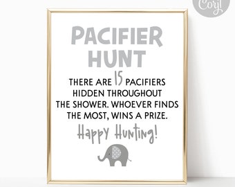 Baby Shower Pacifier Hunt Sign | Gray Elephant Themed Pacifier Hunt Sign | 8x10 | Editable