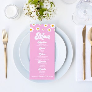 Editable Bridal Shower Menu | Pink Retro Daisy Flower Floral Theme
