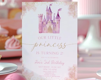 May include: A pink and purple castle illustration with gold glitter accents on a white background. The text "OUR LITTLE princess IS TURNING 2!" is written in gold glitter. The invitation also includes the text "Ava's 2nd Birthday" and details for the event.