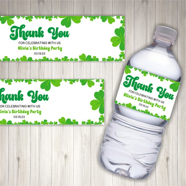 Editable Green Shamrock St Patrick's Day Themed Water Bottle Label | Birthday Party Favor Bottle Labels | Four Leaf Clover