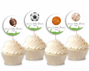 Editable Cupcake Topper | Sports Themed Baby Shower Cup Cake Toppers | Football Soccer Baseball Basketball