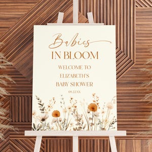 Letrero de bienvenida para baby shower de gemelos "Babies In Bloom" / Póster de caballete editable para baby shower de gemelos, tablero de espuma / Flores silvestres bohemias marrones B69