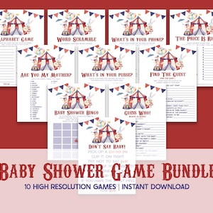 Circus Animal Carnival Themed Baby Shower Game Pack, Printable Baby Shower Games, Games for Baby Shower, Baby Shower Games Package
