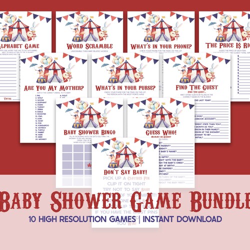 Circus Animal Carnival Themed Baby Shower Game Pack, Printable Baby Shower Games, Games for Baby Shower, Baby Shower Games Package