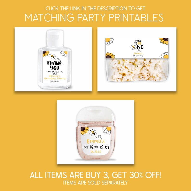 K&ouml;nnte beinhalten: Ein Set mit druckbaren Partygeschenken zum Thema Biene und Sonnenblume. Das Set enth&auml;lt ein Etikett f&uuml;r eine Handdesinfektionsflasche, ein Etikett f&uuml;r einen Popcornbeutel und ein Danke-Etikett. Die Etiketten sind wei&szlig; mit schwarzem Text und zeigen eine Biene, eine Sonnenblume und den Text "It's Fun To Be One" und "Emma's 1st Bee-Day".
