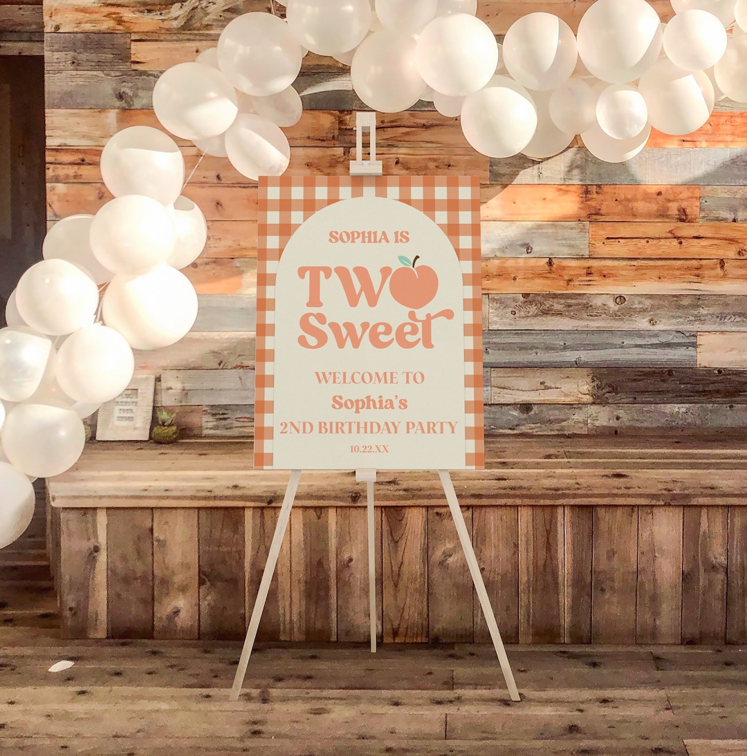 Two Sweet Peach 2nd Birthday Party Welcome Sign | Editable Second