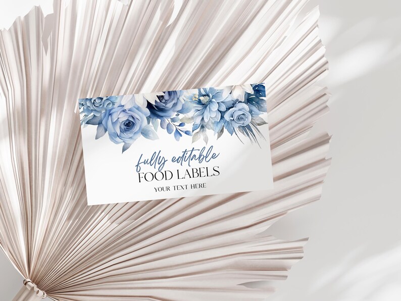 Flower Label Blue Dusty Blue Flowers Floral Food Label Card | Place Card | Editable ...