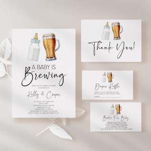 A Baby Is Brewing Co Ed uitnodigingspakket babyshower | Babyfles bieruitnodiging luierloterij boeken voor baby bedankkaart A94