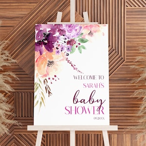 Panneau de bienvenue pour baby shower | Poster en mousse pour chevalet modifiable | Aquarelle de fleurs florales violet bordeaux violet prune mauve