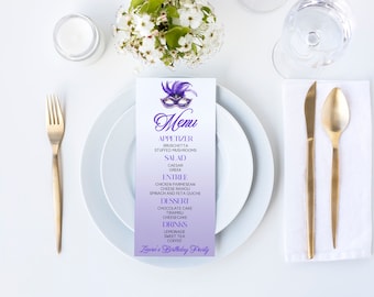Editable Birthday Party Menu | Purple Masquerade Mardi Gras Mask Theme