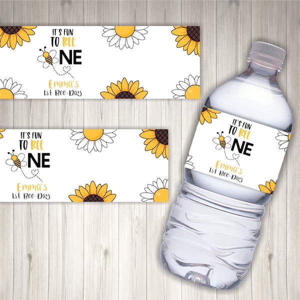 Editable Fun To Bee One Bumble Bee 1st Birthday Party Water Bottle Label | Honey Bee Birthday Party Favor Bottle Labels