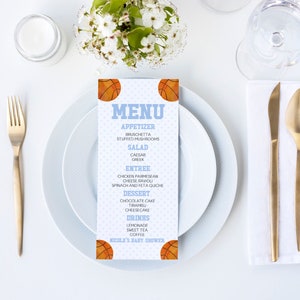 Menu modifiable pour baby shower | Sur le thème du basket-ball | Sport | Pois bleus | C'est un garçon ! A27