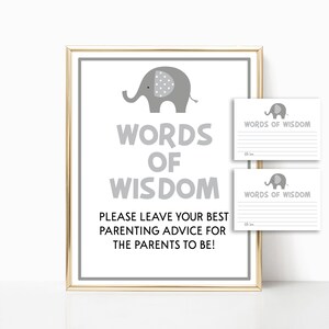 Words of Wisdom for the Parents To Be Baby Shower Sign and Cards | Gray Elephant Themed Leave Advice Sign and Cards