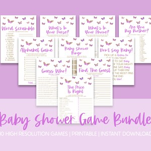 Purple Butterfly Themed Baby Shower Game Pack, Printable Baby Shower Games, Games for Baby Shower, Baby Shower Games Package