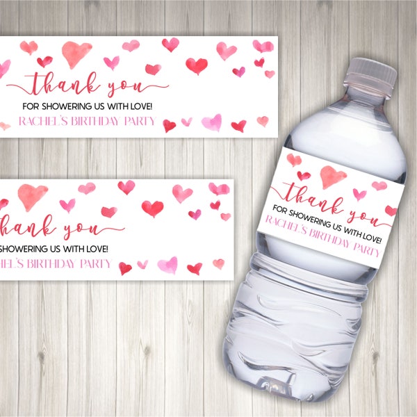 Bewerkbare roze en rode harten Valentijn thema waterfles label | Verjaardagsfeestje Gunst Fles Labels | Valentijnsdag