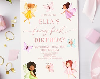 May include: A white invitation card with pink text that reads "Join us for Ella's fairy first birthday". The card features illustrations of fairies with butterfly wings and butterflies. The text also includes the date, time, and location of the event.