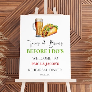 Letrero de bienvenida editable para la cena de ensayo de Tacos and Brews Before I Do / Jarra de cerveza para tacos, póster de caballete de ensayo de boda, tablero de espuma B71