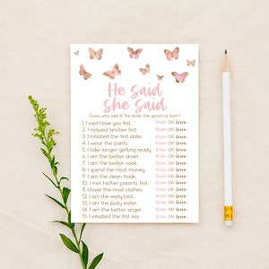 He Said She Said Bridal Shower Game | Pink Butterfly Themed