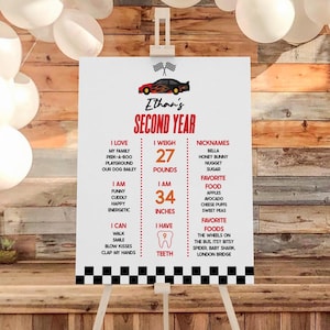 Cartel de hito para fiesta de segundo cumpleaños con diseño de coche de carreras con llamas rojas y negras / Póster de caballete editable de mi segundo año en tablero de espuma A4