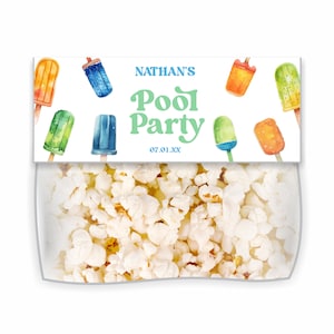 Bearbeitbarer Blau-Grün-Orange Retro Popsicle Geburtstag Pool Party Favor Bag Topper | Chips, Süßigkeiten, Leckereien Taschendeckel A89