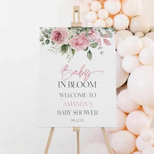 Letrero de bienvenida para baby shower "Baby In Bloom" / Póster de caballete editable para baby shower, tablero de espuma / Flores florales rosas y verdes B29