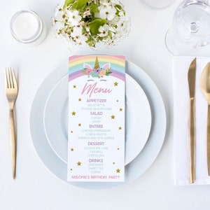 Bearbeitbares Geburtstagsparty-Menü | Einhorn und Regenbogen Theme