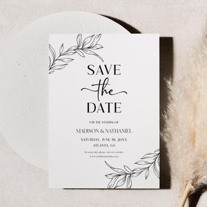 Cartão de reserva de data minimalista com folhas e galhos para casamento | Minimal Plain Simple Editável B44