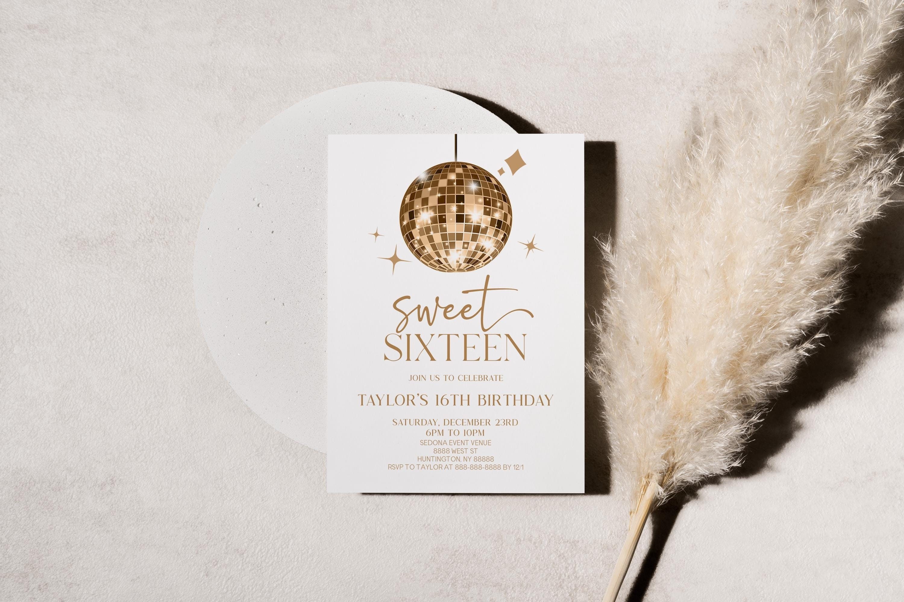 Sweet Sixteen Gold Sparkly Disco Ball 16th Birthday Party Invitation | Elegant Sixteenth B-Day Party Invite B18