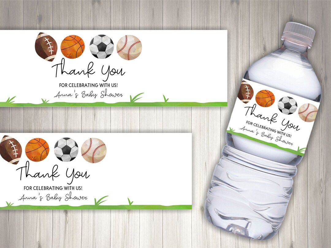 Editable Sports Themed Water Bottle Label Baby Shower Favor Bottle Labels Football Soccer