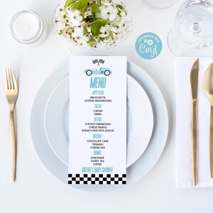 Bewerkbaar babyshowermenu | Babyshowermenu racewagen blauw | Zwartblauwe raceauto B83