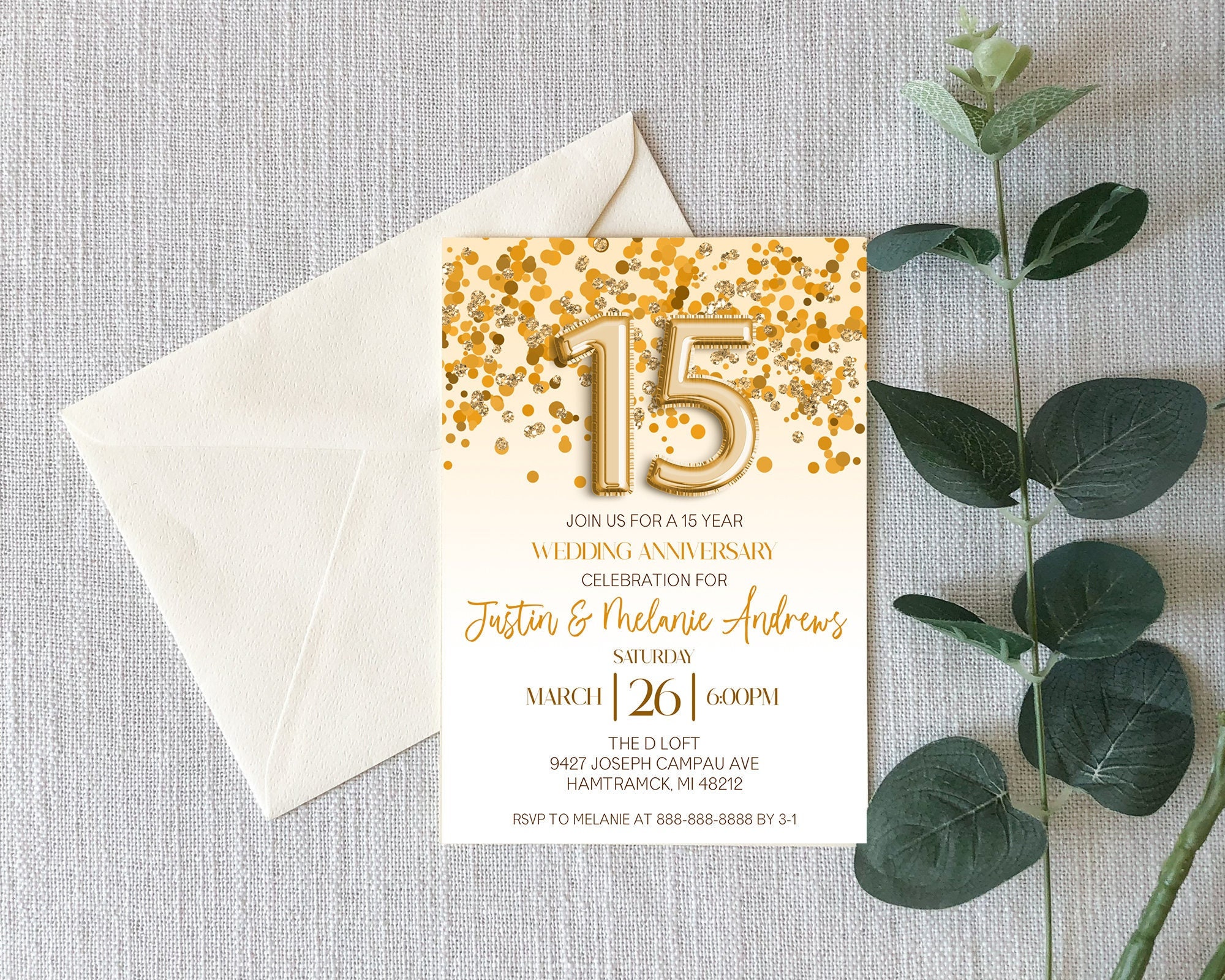15 Year Wedding Anniversary Celebration Invitation | Self Editable | Gold Confetti and Glitter Design | 15th Year Anniversary