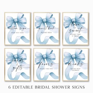 Könnte beinhalten: Sechs gerahmte Schilder mit hellblauen Aquarellschleifen und -bändern. Auf den Schildern stehen Texte wie "Custom Sign", "Guest Book", "Love is Sweet", "Cards & Gifts", "Favors" und "Drinks". Die Schilder sind für eine Brautparty.