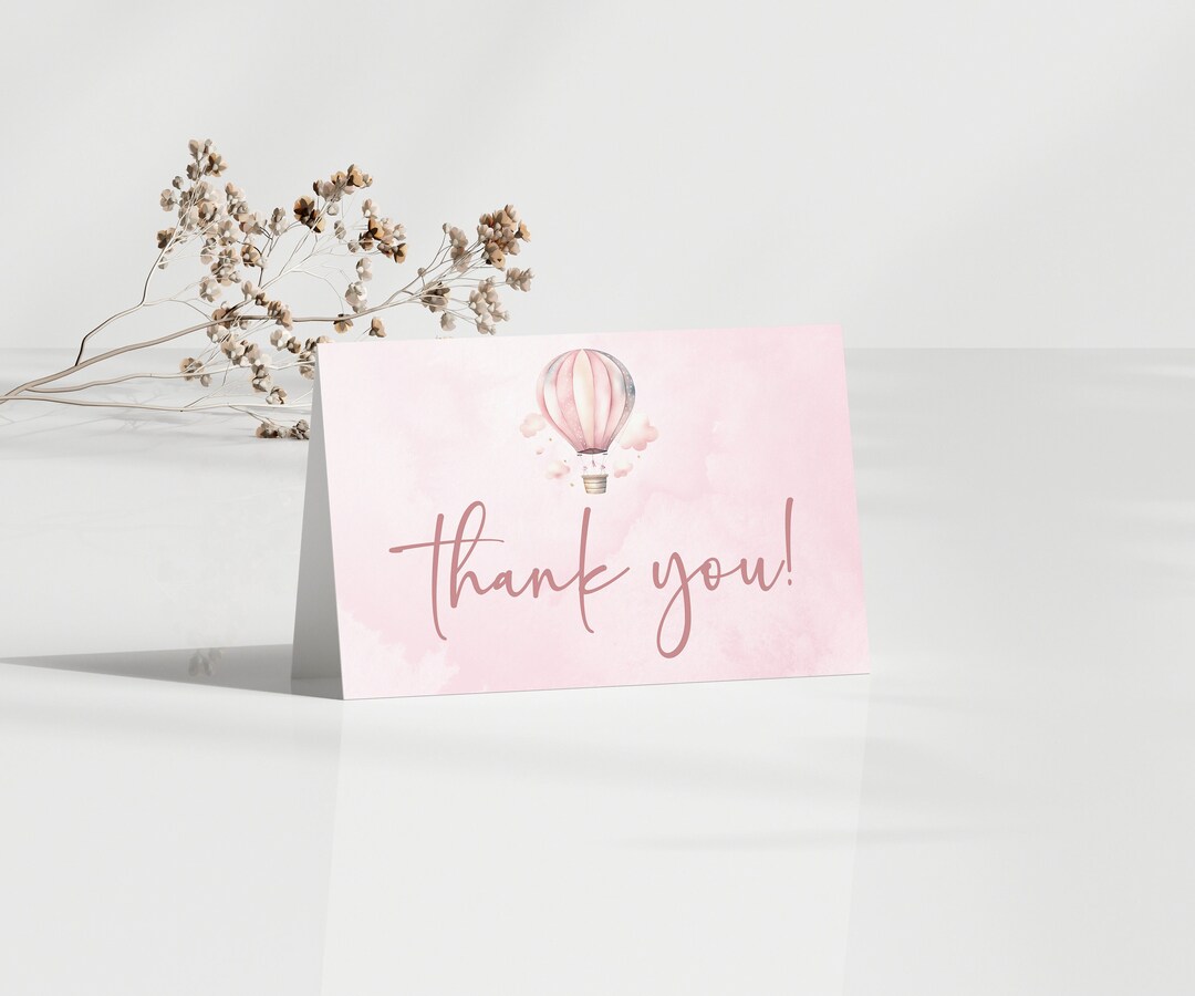 Pink Hot Air Balloon Editable Thank You Card | Editable Template Folded ...