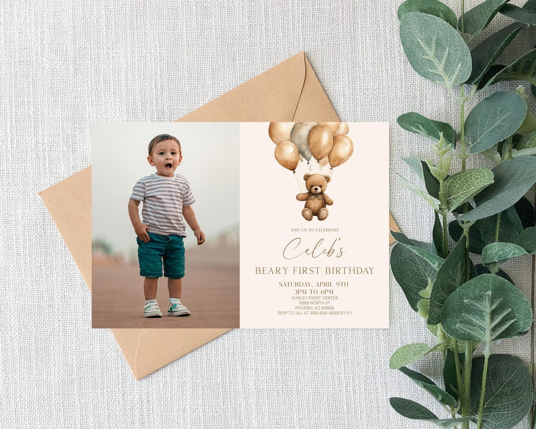 Boho Teddy Bear Beary First Birthday Party Invitation | Custom Picture ...