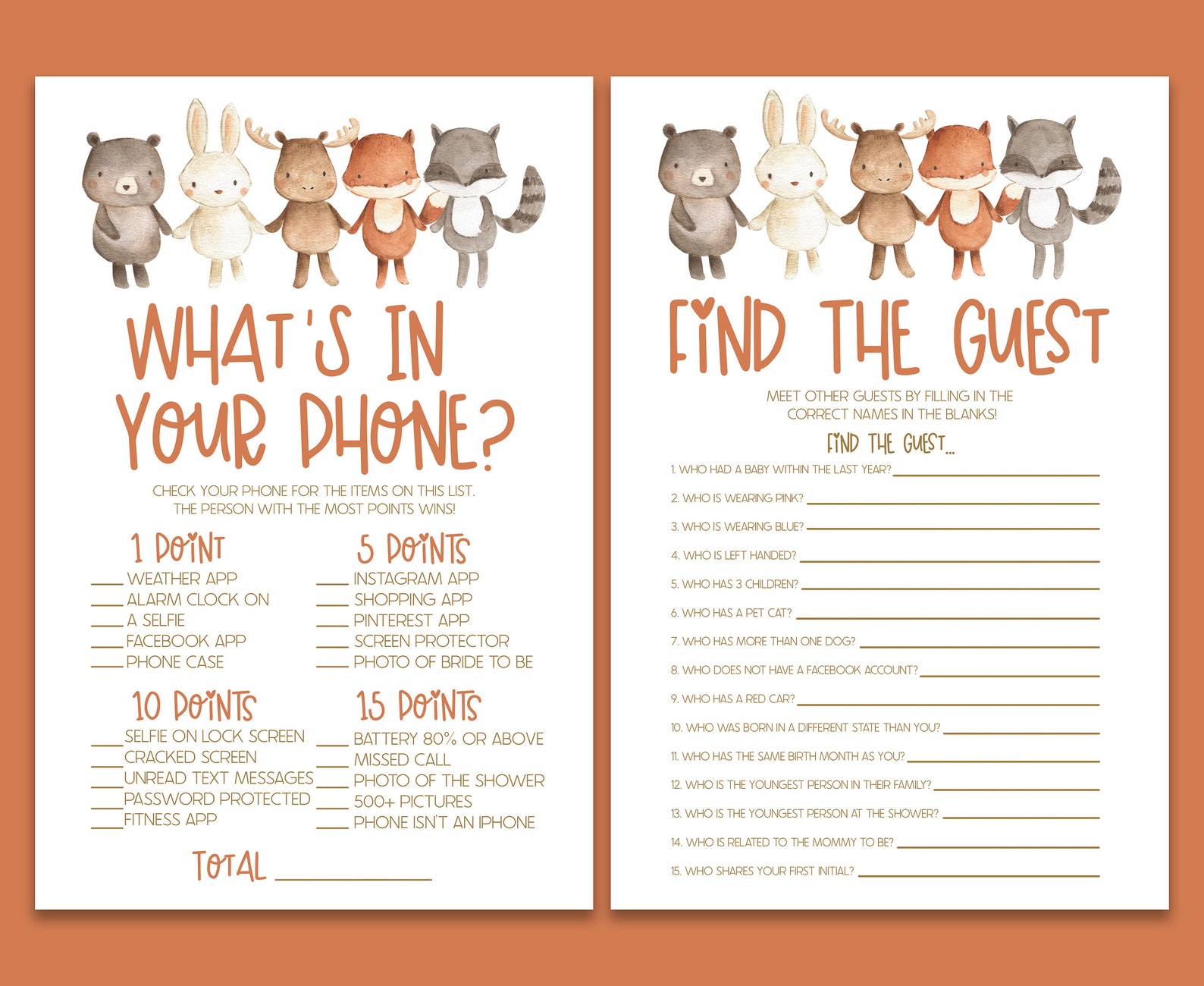 Woodland Animal Themed Baby Shower Game Pack Printable Baby | Etsy
