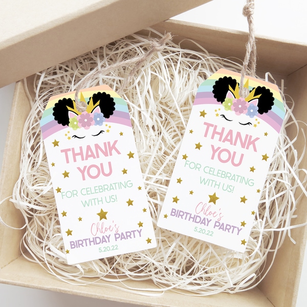 Printable Birthday Party Favor Tag | Afro Puff Unicorn and Rainbows Themed Thank You Favor Tag For B-Day Party