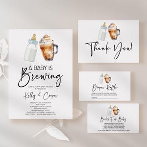 A Baby Is Brewing Co Ed uitnodigingspakket babyshower | Babyfles bieruitnodiging luierloterij boeken voor baby bedankkaart A40