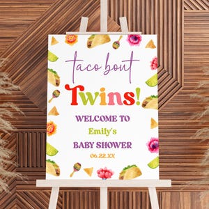 ¡Taco Bout Twins! / Letrero de bienvenida editable para baby shower de gemelos / Póster caballete de cartón pluma para baby shower de Fiesta Taco B48
