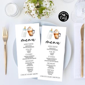 Menu de chá de bebê editável | Um bebê está se formando Menu de chá de bebê | Minimalista | Mamadeira Coffee Mochoccino A40