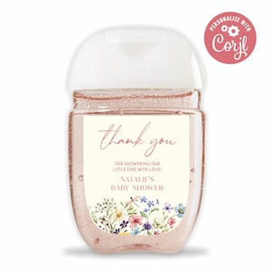 Bearbeitbares Babyparty-Handdesinfektionsetikett | Wildblumen Blumen Hand Sanitizer Etiketten für Bad & Body Works Pocketbac Flasche | B19