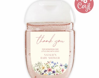 Redigerbar etikett för handsprit till babyshower | Etiketter med vildblommor och blommor för handsprit till Bath & Body Works Pocketbac-flaska | B19