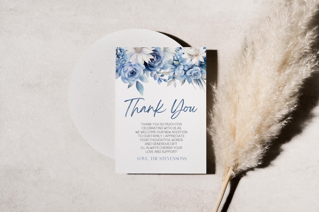 Dusty Blue Floral Flowers Baby Shower Thank You Card | Baby in Bloom ...