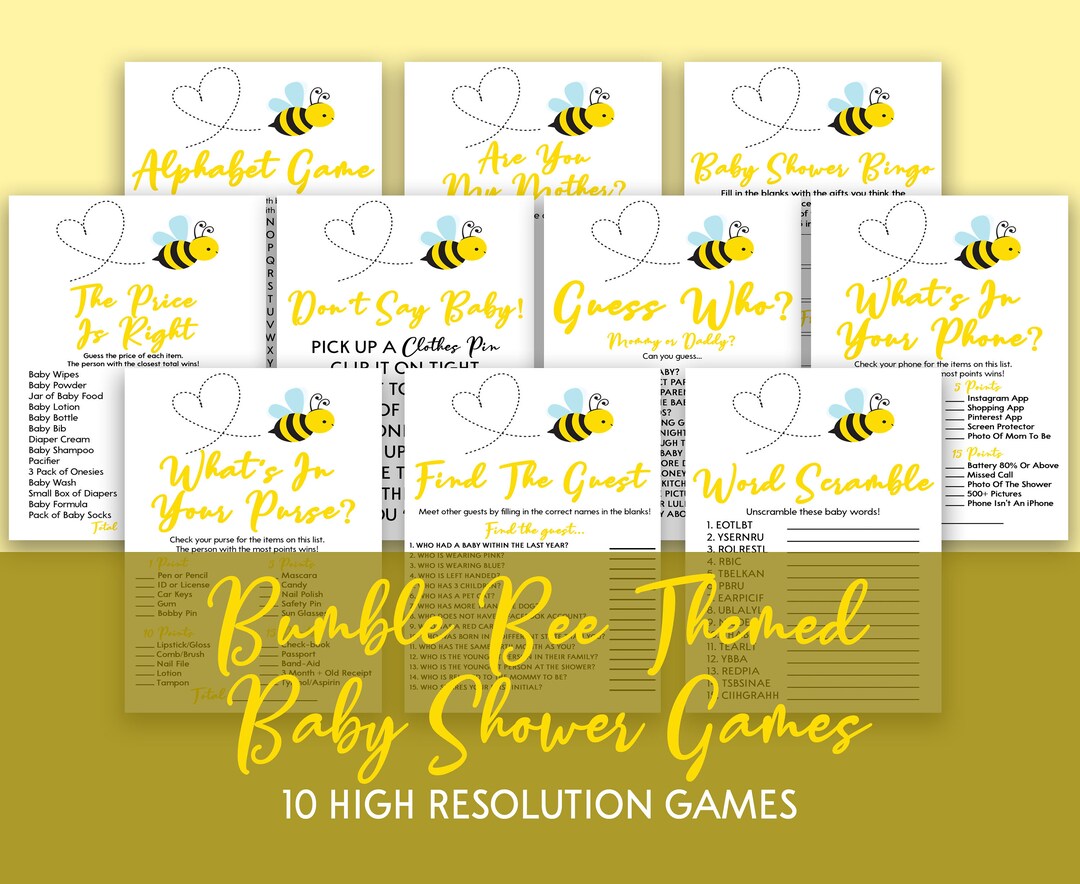 Yellow Bumble Bee Themed Baby Shower Game Pack, Printable Baby Shower