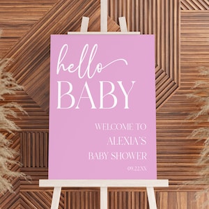 Bonjour bébé baby shower panneau de bienvenue | Poster en mousse rose éditable pour chevalet | Minimal Minimaliste Moderne Uni Simple Élégant A85