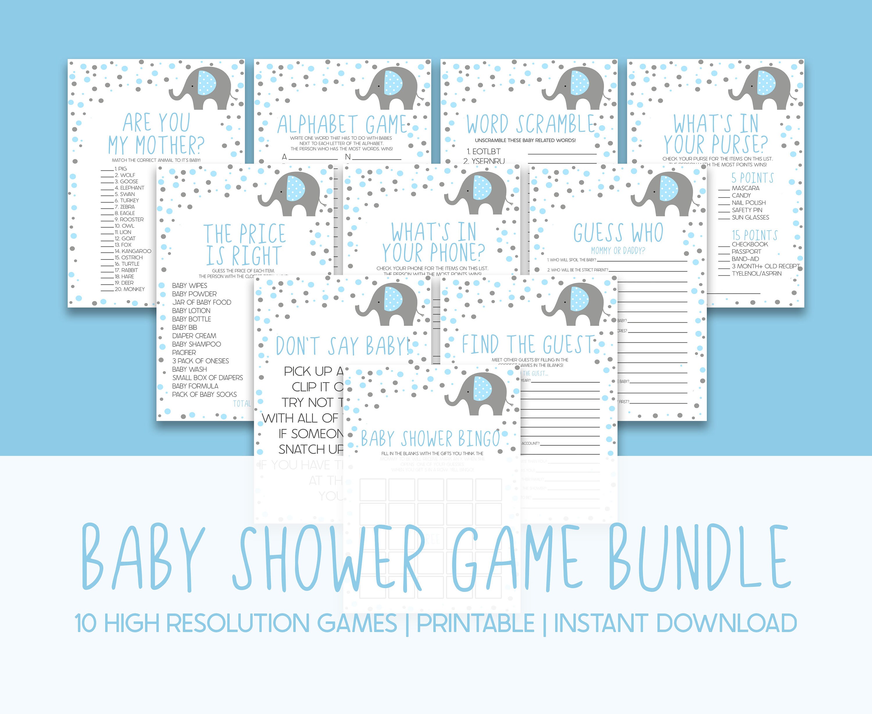 Blue Elephant Themed Baby Shower Game Pack Printable Baby - Etsy Australia