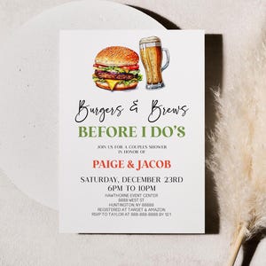 Convite editável para chá de panela do Burgers and Brews Before I Do | Convite de caneca de cerveja Hamburger BBQ