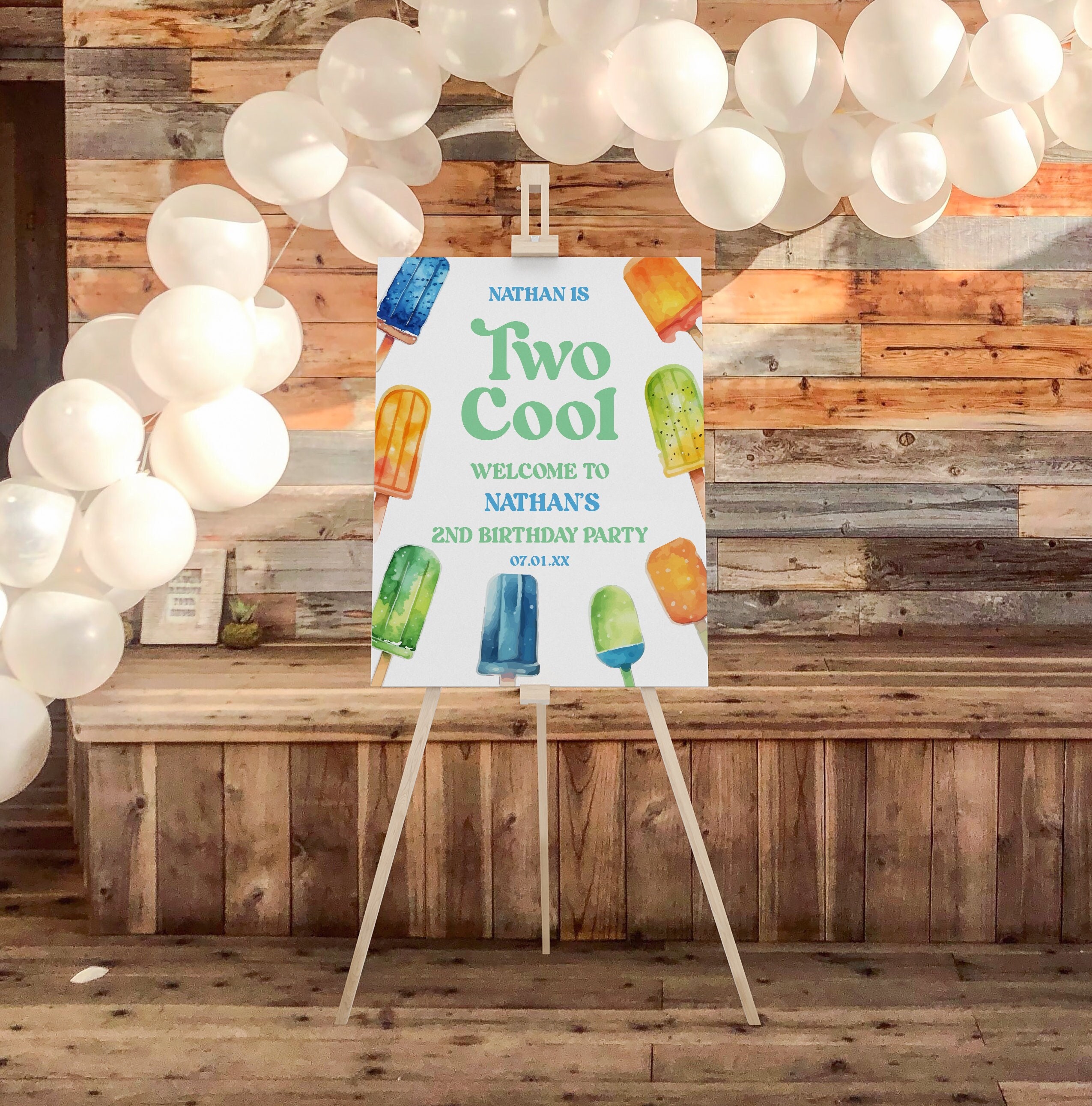 Two Cool Two Cool 2nd Birthday Party Welcome Sign | Editable Popsicle Easel ...