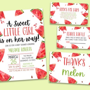 Peut inclure: Invitation à une fête prénatale sur le thème de la pastèque avec un fond blanc et des tranches de pastèque rouges. L'invitation indique "Une petite fille adorable arrive !" et comprend la date, l'heure et le lieu de la fête. Elle comprend également le nom de la personne honorée, Melanie Roberts, et les informations sur le registre.