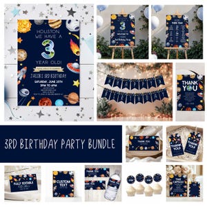 May include: A selection of space-themed party decorations, including invitations, banners, and thank you cards. The designs feature planets, rockets, and stars on a navy blue background. The text reads "3rd Birthday Party Bundle."